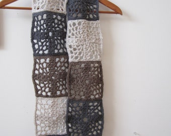 Patchwork Squares Scarf - OOAK, Brown, Gray, Off White