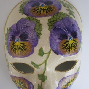 Pansy Paper Mache Venetian Mask Ivory with Purple Pansies image 2