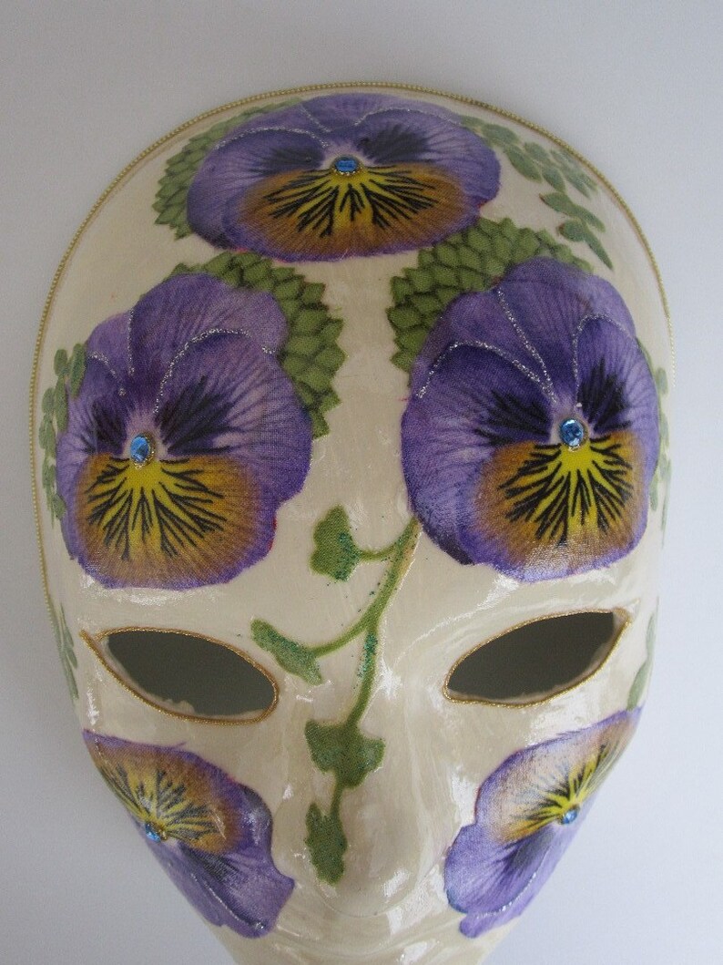 Pansy Paper Mache Venetian Mask Ivory with Purple Pansies image 2