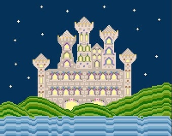 Magical City - Castles and Turrets Under Night Sky by Ocean - Needlepoint or Cross Stitch Pattern Design Chart
