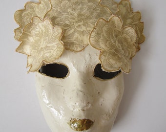 Mask - Venetian, Mardi Gras, Carnivale Style Paper Mache - Ivory with Flower Crown