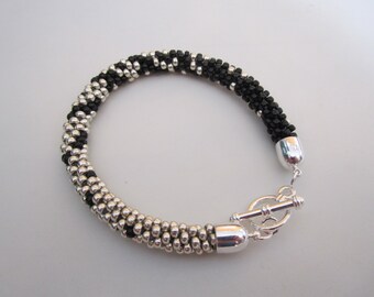 Black and Silver kumihimo beaded braided bangle bracelet with silver toggle clasp -FREE SHIPPING