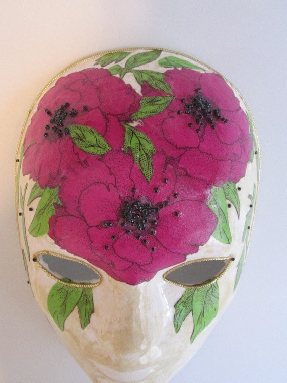 Paper Mache Mask With Pink Poppies Venetian Style Mardi Gras 