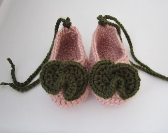 Crochet Baby Ballerina Style Booties - Pink & Green - Fits 6 to 9 months