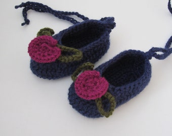 Crocheted Baby Ballerina Style Booties - Blue with Magenta Flower - Fits 6 to 9 months