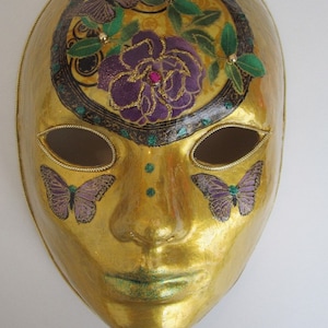 Gold Paper Mache Venetian Mask Butterflies Purple Flowers Green Lips