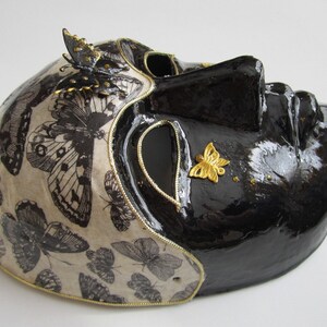 Paper Mache Black and Ivory Venetian Mask with Butterflies in Gold and Black, 3D Butterfly image 2