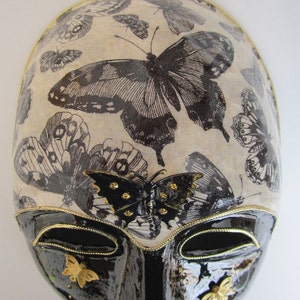 Paper Mache Black and Ivory Venetian Mask with Butterflies in Gold and Black, 3D Butterfly image 4