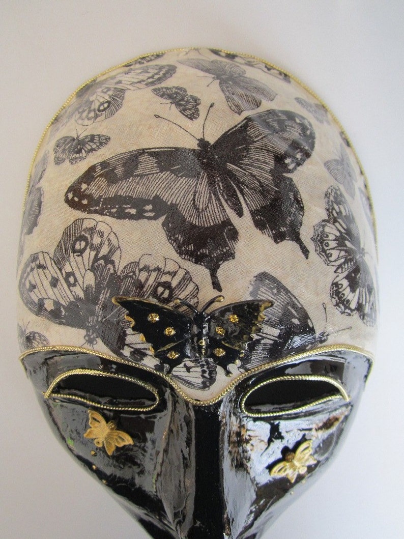 Paper Mache Black and Ivory Venetian Mask with Butterflies in Gold and Black, 3D Butterfly image 4