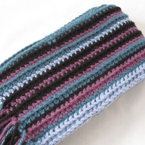 Crochet Scarf Purple, Blue, Turquiose and Black Stripes with Fringe image 1