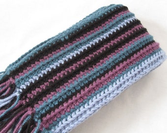 Crochet Scarf - Purple, Blue, Turquiose and Black Stripes with Fringe