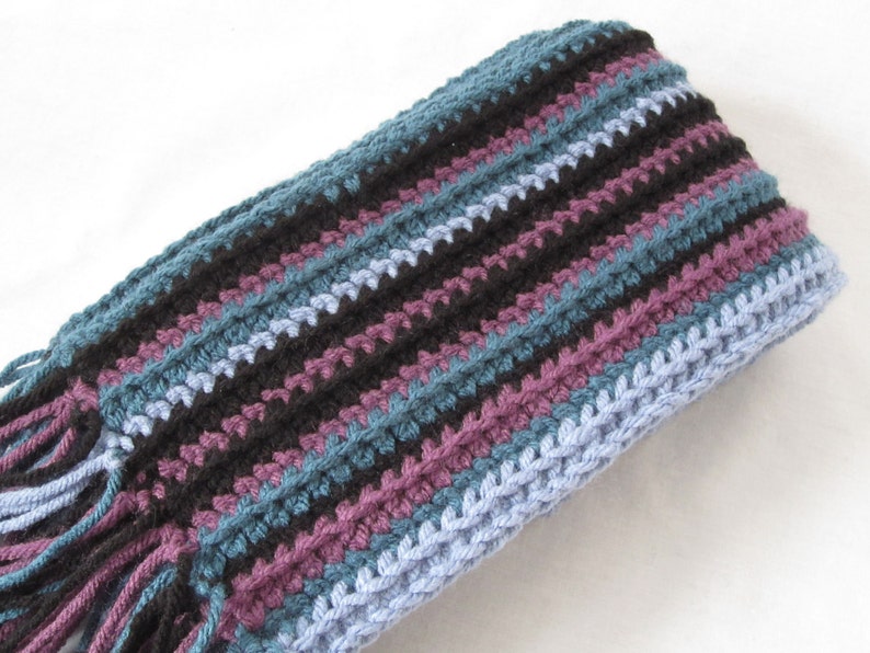 Crochet Scarf Purple, Blue, Turquiose and Black Stripes with Fringe image 1