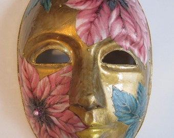 Paper Mache Mask with Pink Poinsettias Green Leaves Venetian Style