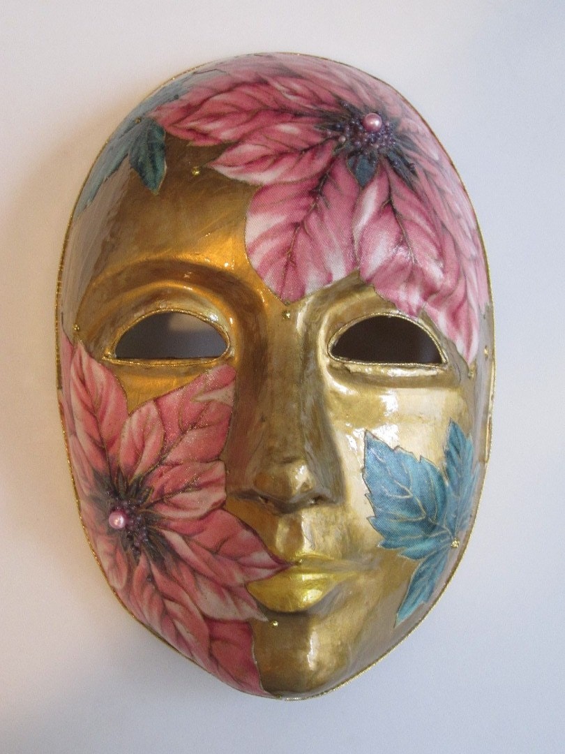 Paper Mache Mask with Pink Poinsettias Green Leaves Venetian Style