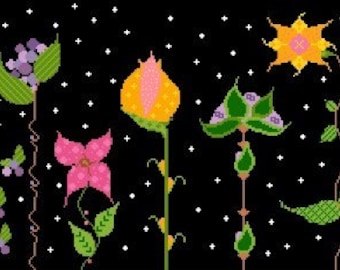 Night Garden - Colorful Flowers Under Night Sky with Stars - Needlepoint or Cross Stitch Pattern Design Chart