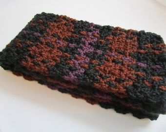 Plaid Crochet Scarf - Black Brown Purple - Unisex