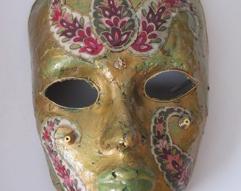 Venetian, Mardi Gras, Carnivale Style Paper Mache - Gold, Paisley & Green Lips