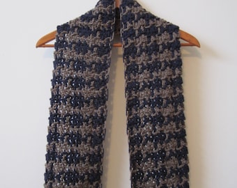 Navy Blue and Taupe Brown Plaid Houndstooth Scarf - Unisex