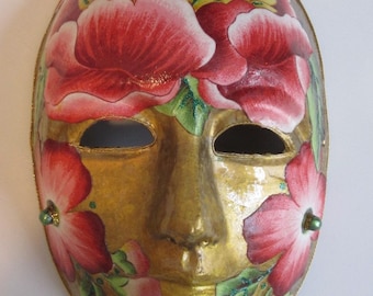 Gold Paper Mache Venetian - Style Mask with Pink Flowers Green Leaves