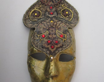 Mask - Venetian, Mardi Gras, Carnivale Style Paper Mache - Gold with Crown