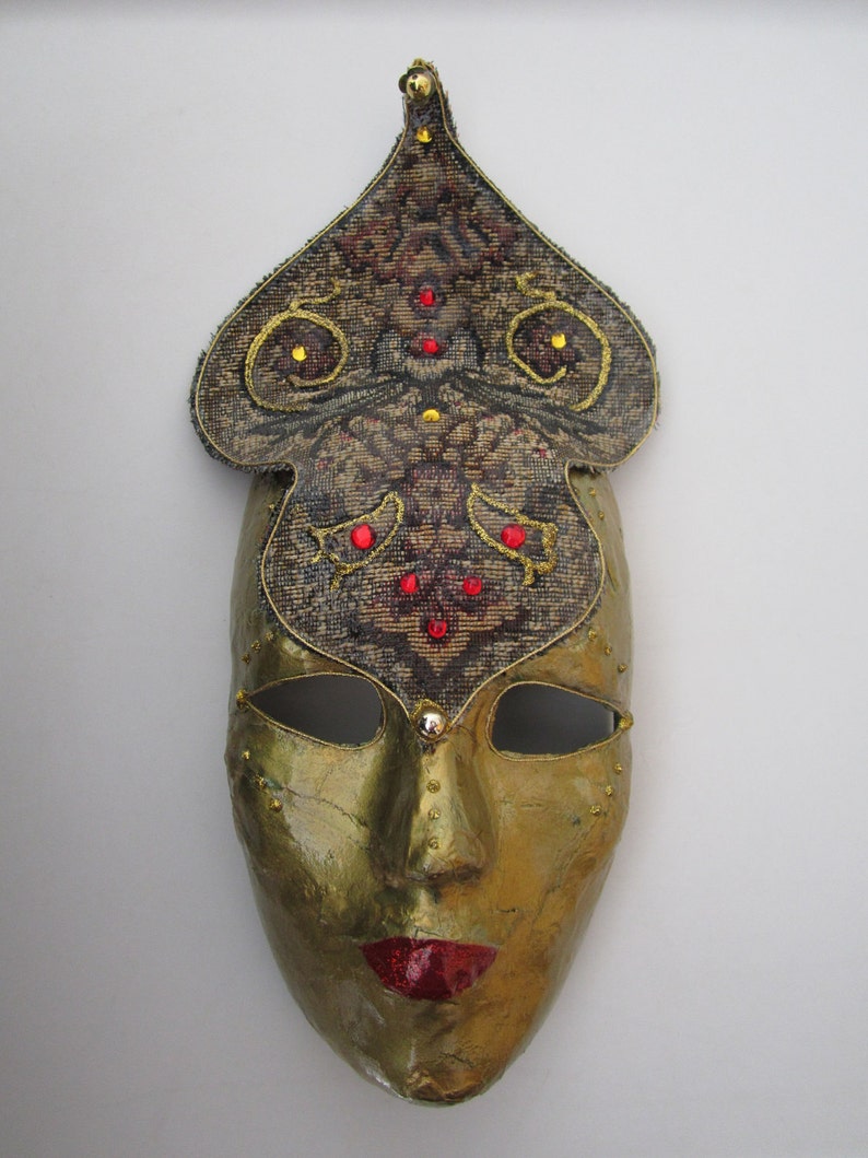 Mask Venetian, Mardi Gras, Carnivale Style Paper Mache Gold with Crown image 1