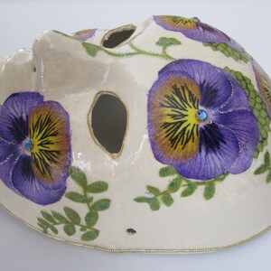 Pansy Paper Mache Venetian Mask Ivory with Purple Pansies image 3