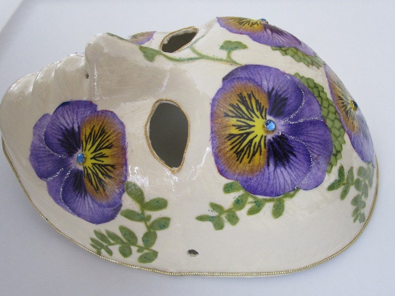 Pansy Paper Mache Venetian Mask Ivory with Purple Pansies image 3