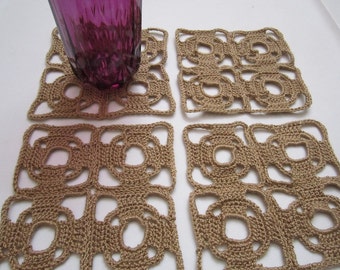 Set of 4 Art Deco Style Crochet Beige Coasters - FREE SHIPPING