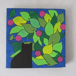 Cat Silhouette in a Garden-  Painting - Original Artwork