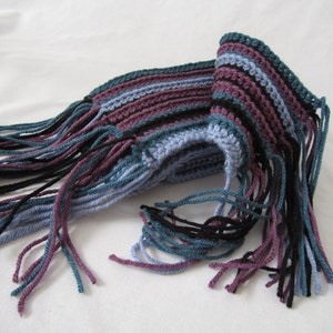 Crochet Scarf Purple, Blue, Turquiose and Black Stripes with Fringe image 2