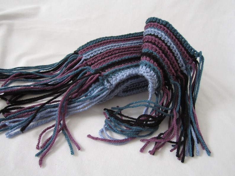 Crochet Scarf Purple, Blue, Turquiose and Black Stripes with Fringe image 2