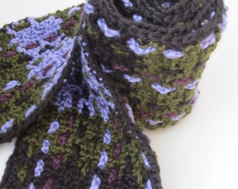 Crochet Scarf - Plaid - Lavender, Purple, Olive Green & Black