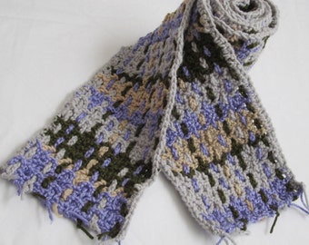 Crochet Scarf - Plaid - Lavender, Olive Green & Grey