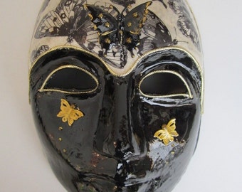 Paper Mache Black and Ivory Venetian Mask with Butterflies in Gold and Black, 3D Butterfly