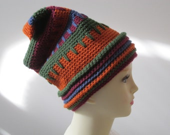 Crochet Women's Winter Hat - Orange, Blue, Green & Pink