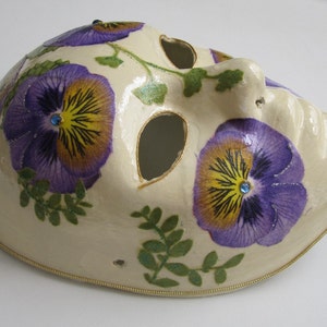 Pansy Paper Mache Venetian Mask Ivory with Purple Pansies image 4