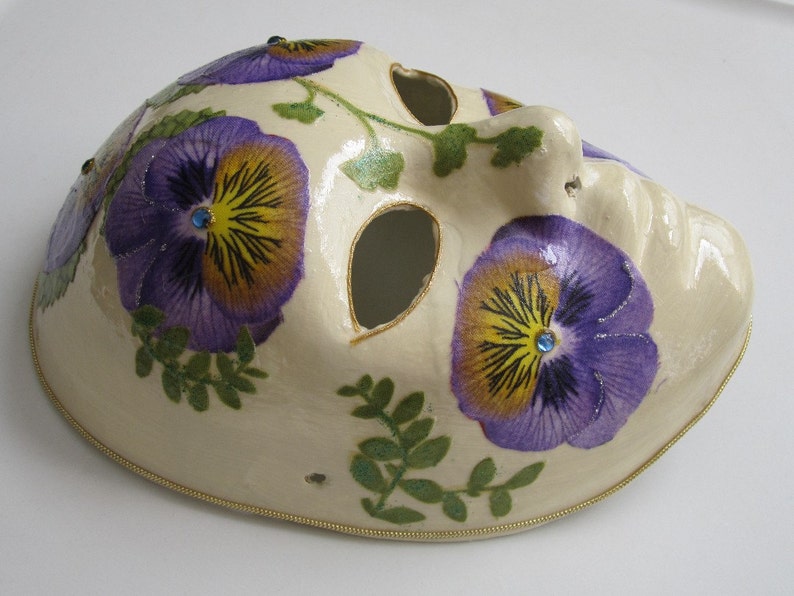 Pansy Paper Mache Venetian Mask Ivory with Purple Pansies image 4