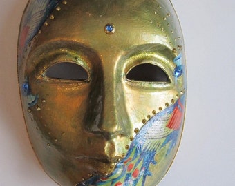 Paper Mache Mask with 2 Peacocks Venetian Style Gold