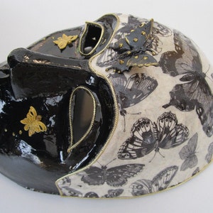 Paper Mache Black and Ivory Venetian Mask with Butterflies in Gold and Black, 3D Butterfly image 3