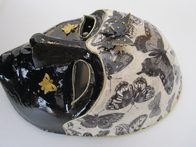 Paper Mache Black and Ivory Venetian Mask with Butterflies in Gold and Black, 3D Butterfly image 3