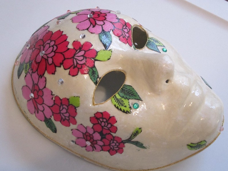 White Paper Mache Mask With Pink Flowers Green Leaves and Etsy