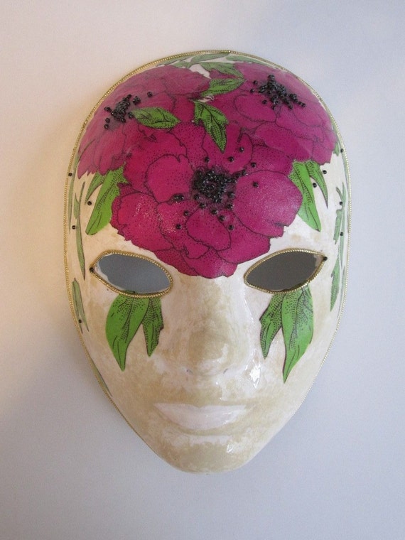 Paper Mache Mask With Pink Poppies Venetian Style Mardi Gras 