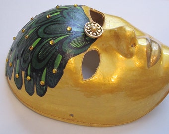 Paper Mache Peacock Mask Venetian Style Gold