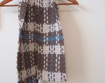 Plaid Crochet Scarf - Beige Brown Blue