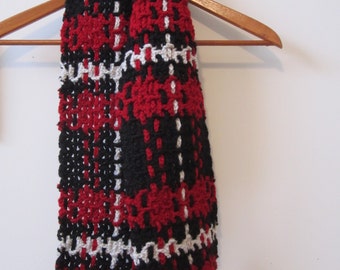 Plaid Crochet and Woven Scarf - Red White Black - Unisex