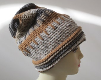 Crochet Women's Winter Hat - Beige, Brown & Gray