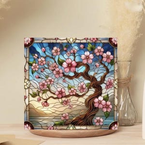 Cartes de voeux fleurs de cerisier en vitrail - intérieur vierge - lot de 10 - papeterie printanière, toutes les occasions