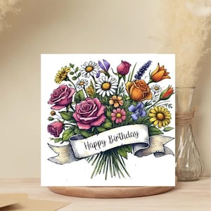 Lot de 10 cartes florales de joyeux anniversaire - Lot de 10 cartes de voeux vierges avec enveloppes - Motif botanique dessiné à la main - Intérieur vierge, 5 x 5