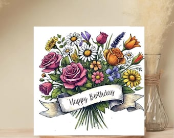 Floral Happy Birthday Card Set: Hand-Drawn Botanical Design, 5x5 (10 Pack)