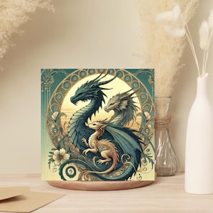 Lot de 10 cartes de voeux vierges d'art majestueux Dragon Family Art (Lot de 10) – 5 x 5 avec enveloppes – Fantaisie - Faire-part de naissance